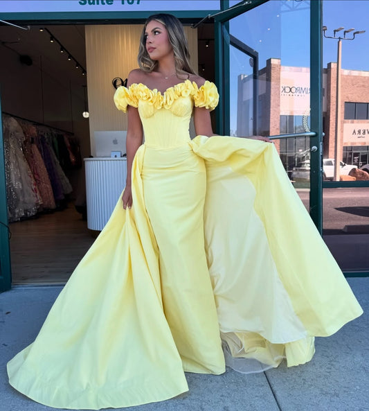 Mermaid Satin Ruffles Prom Dresses Long Yellow Plus Size Evening Gowns for Women HE267