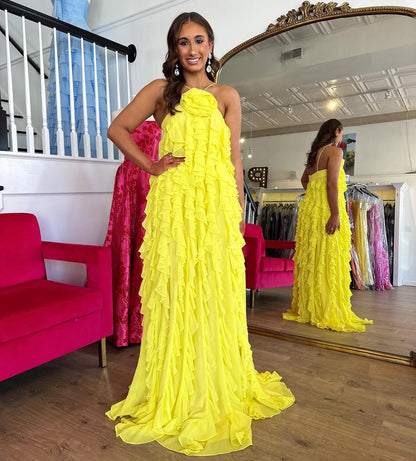 HE182-Yellow A Line Chiffon Ruffles Prom Dresses Long Sleeveless Plus Size Evening Gowns Backless Party Dress for Women