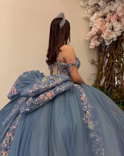 HE089 - Vestidos de quinceañera azules con hombros descubiertos, tul, encaje y cuentas, vestidos de fiesta de cumpleaños sin mangas para dulces 16