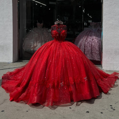 Vestido de quinceañera rojo con escote corazón, vestido de princesa para cumpleaños de 16 años HE432