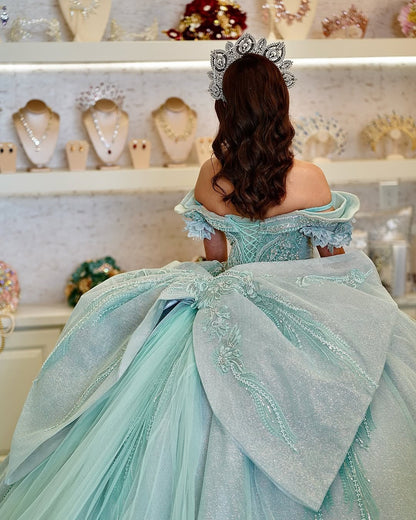 HE146 - Hermosos vestidos de quinceañera verdes con hombros descubiertos, vestido de baile de tul con encaje y cuentas, vestidos de fiesta de graduación para cumpleaños de 16 años
