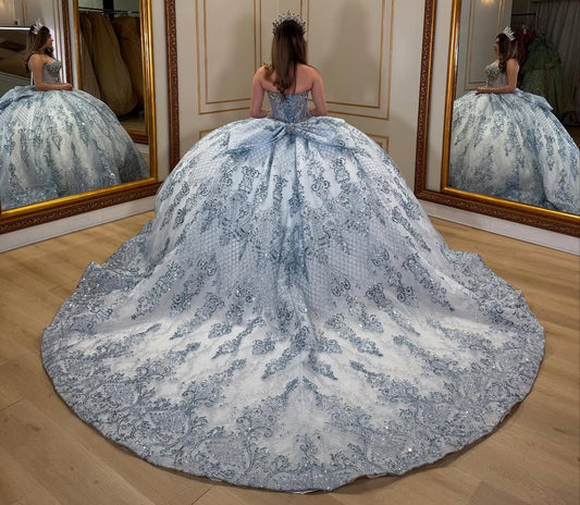 HE157-Vestido de quinceañera con escote corazón, preciosos vestidos de fiesta con apliques de encaje de tul, sin mangas, estilo princesa, para cumpleaños de 16 años
