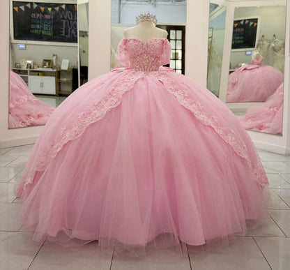 HE210-Vestidos de quinceañera rosas con hombros descubiertos, tul, encaje, cuentas, princesa, fiesta de cumpleaños, graduación, para dulces 16