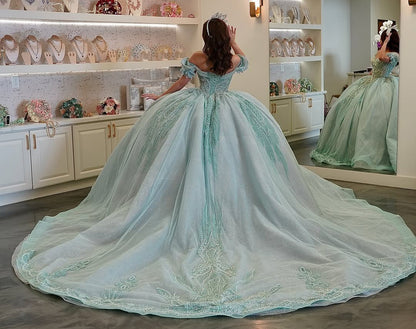 HE146 - Hermosos vestidos de quinceañera verdes con hombros descubiertos, vestido de baile de tul con encaje y cuentas, vestidos de fiesta de graduación para cumpleaños de 16 años