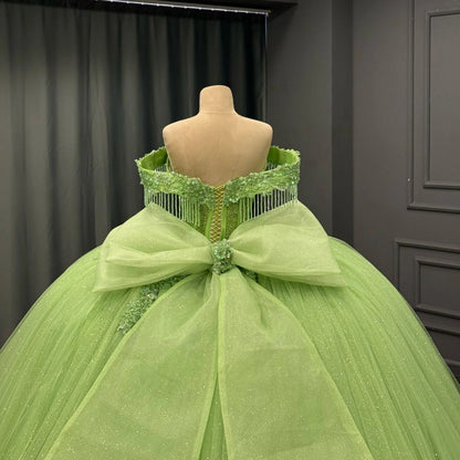 HE169-Hermoso vestido de quinceañera verde con hombros descubiertos, tul con volantes, vestido de fiesta de princesa para fiesta de dulces 16