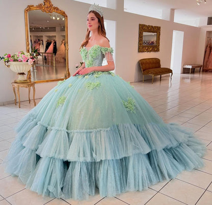 Vestidos de quinceañera con hombros descubiertos, tul princesa, apliques, vestidos de quinceañera HE530