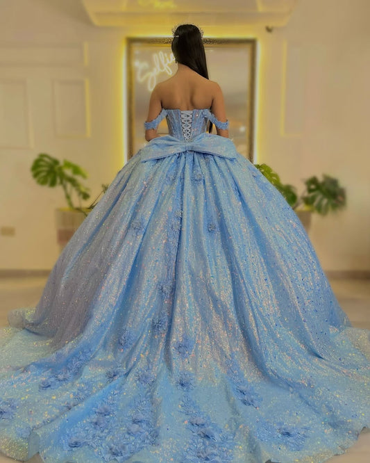 HE235 - Vestidos de quinceañera estilo princesa con hombros descubiertos, vestido de fiesta para dulces 16, vestidos de fiesta de cumpleaños con cuentas de tul azul cielo.