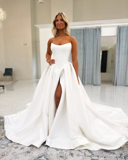A Line Simple Satin Plus Size Bridal Wedding Dresses with Split HE801