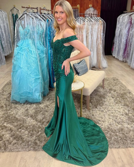 HE139-Satin Lace Beaded Long Prom Dresses with Slit Mermaid Off Shoulder Formal Gowns Corset Evening Party Dress for Women