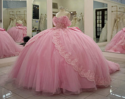 HE210-Vestidos de quinceañera rosas con hombros descubiertos, tul, encaje, cuentas, princesa, fiesta de cumpleaños, graduación, para dulces 16