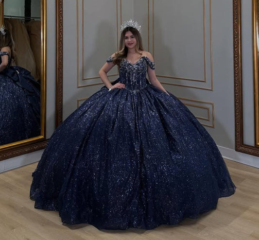 HE161-Vestido de quinceañera con hombros descubiertos, lentejuelas y cuentas, tul brillante, estilo princesa, para fiesta de 16 años, vestido de gala, vestido de fiesta de cumpleaños y graduación