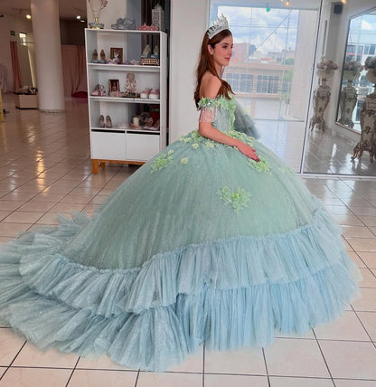 Vestidos de quinceañera con hombros descubiertos, tul princesa, apliques, vestidos de quinceañera HE530