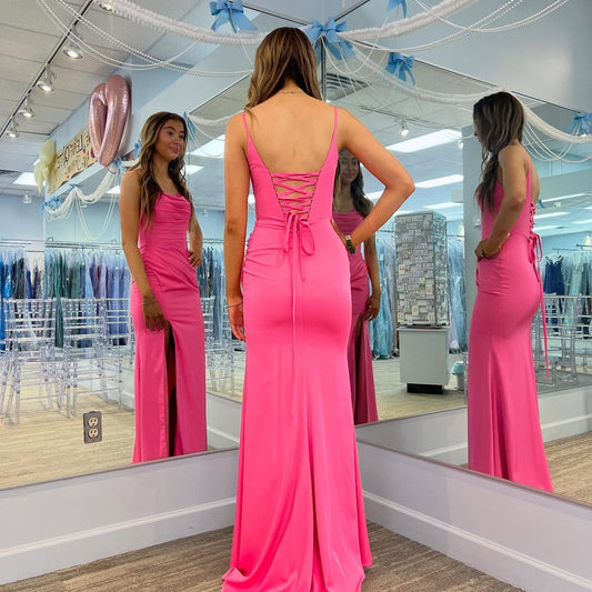 HE202-Mermaid Satin Lace Evening Dresses Long Spaghetti Straps Sleeveless Prom Gowns Side Slit Party Dress for Women