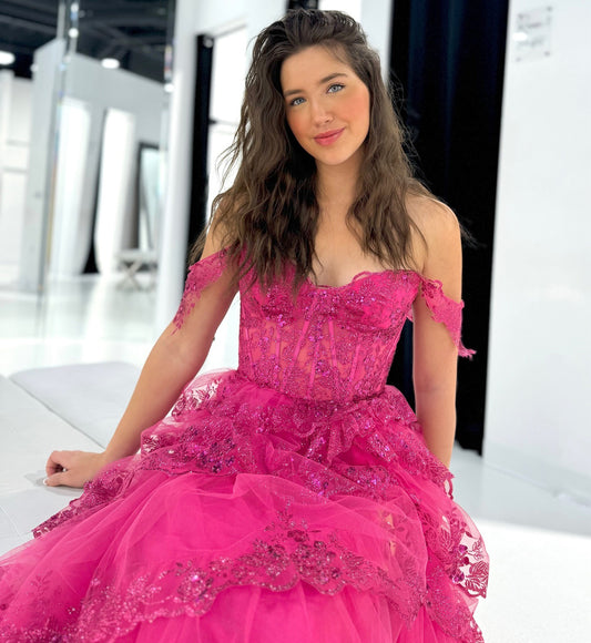 HE191-Tulle Lace Appliques Prom Dresses Long A Line Off Shoulder Evening Gowns Ruffles Formal Party Dress with Slit