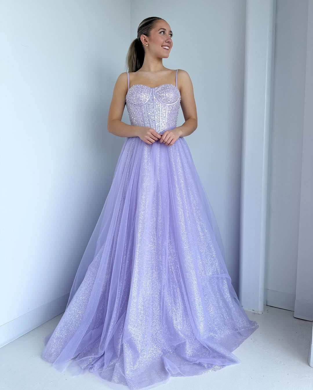 HE193-Women's Glittery Tulle Prom Dresses Long Sequin Beaded Corset Formal Gowns Sweetheart Evening Party Dresses