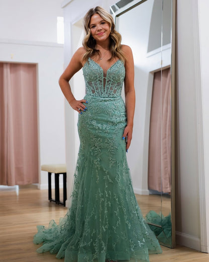 Mermaid Tulle Lace Appliques Prom Dresses Long V Neck Corset Formal Party Dresses HE144