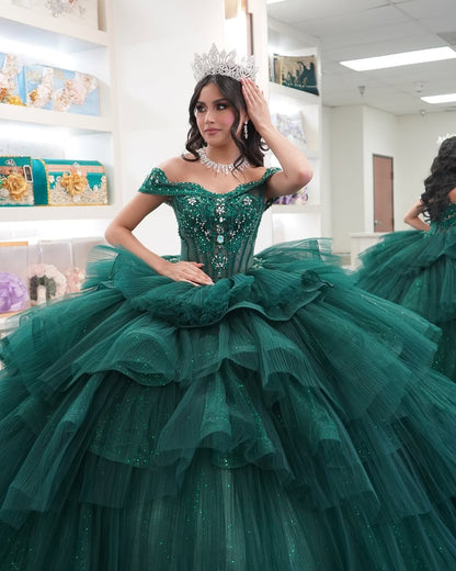 HE147 - Vestidos de quinceañera con hombros descubiertos, tul con cuentas y volantes, para fiesta de cumpleaños, color verde