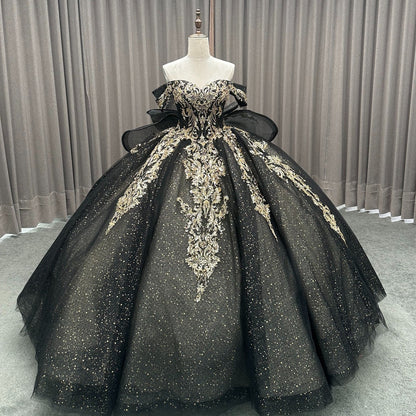HE284-Princess Black Quinceanera Dresses with Bow Ball Gown Glittery Tulle Lace Beaded Prom Party Dresses for Sweet 16