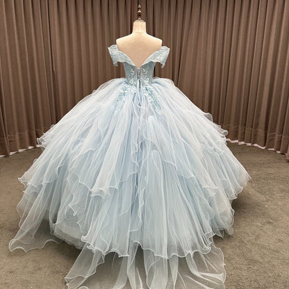 HE285-Off Shoulder Ball Gown Sweet 16 Quinceanera Dresses Princess Tulle Lace Ruffles Birthday Prom Party Dresses