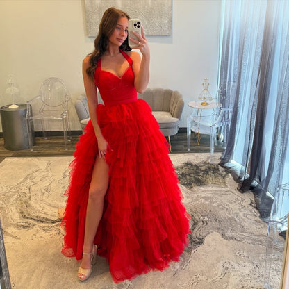 A Line Tulle Ruffles Prom Dresses Long for Women Sweetheart Plus Size Party Gowns HE177