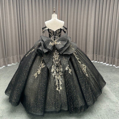 HE284-Princess Black Quinceanera Dresses with Bow Ball Gown Glittery Tulle Lace Beaded Prom Party Dresses for Sweet 16