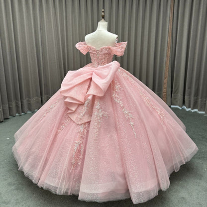 HE286-Pink Gorgeous Off Shoulder Quinceanera Dresses Tulle Lace Beaded Sweet 16 Sleeveless Birthday Party Dresses