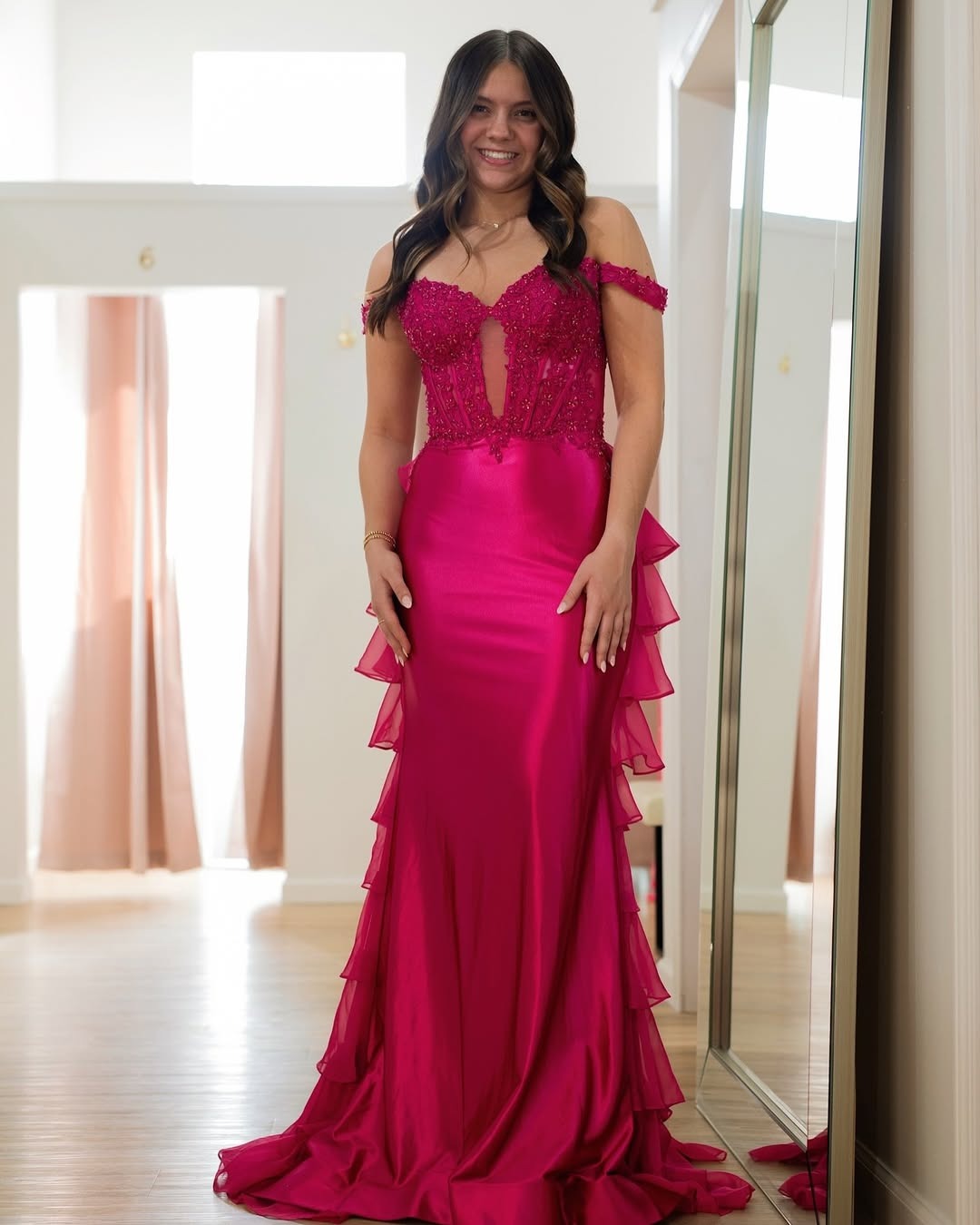 HE190-Women's Off Shoulder Satin Prom Dresses Long Mermaid Ruffles Lace Appliques Evening Gowns Sleeveless Formal Party Dress