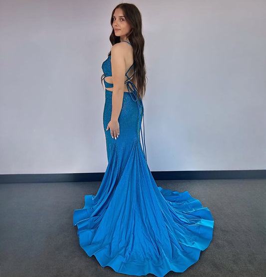 Vestidos de fiesta largos de sirena con escote en V y lentejuelas de satén con cuentas HE341