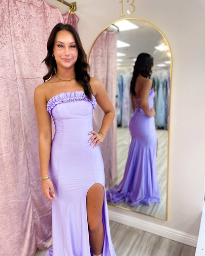 HE266-Vestido de fiesta largo de sirena de satén con volantes, sin tirantes, talla grande, con abertura lateral y formal para mujer