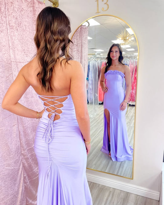 Mermaid Satin Ruffles Long Prom Dresses Strapless Evening Gowns with Side Slit HE266