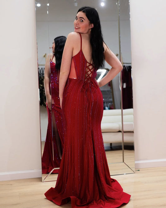 HE257-Mermaid Beaded Prom Dresses Long with Slit Corset Satin Sequin Formal Gowns Plus Size Evening Party Dresses