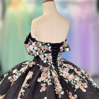 HE279-Princess Black Quinceanera Dresses Off Shoulder Tulle Lace Appliques Sweet 16 Dresses Ball Gown Birthday Party Dresses