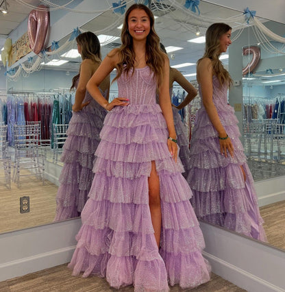 HE199 - Elegantes vestidos de fiesta de tul brillante con abertura en forma de corazón, corte en A, vestidos de noche con corsé sin tirantes para mujer