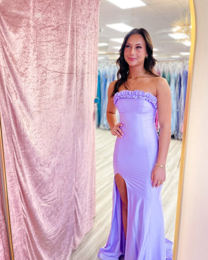 HE266-Vestido de fiesta largo de sirena de satén con volantes, sin tirantes, talla grande, con abertura lateral y formal para mujer