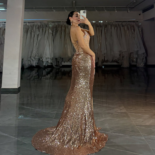 HE260-Sweetheart Sequin Beaded Prom Dresses Long with Slit Mermaid Strapless Evening Gowns Corset Backless Party Dress for Women