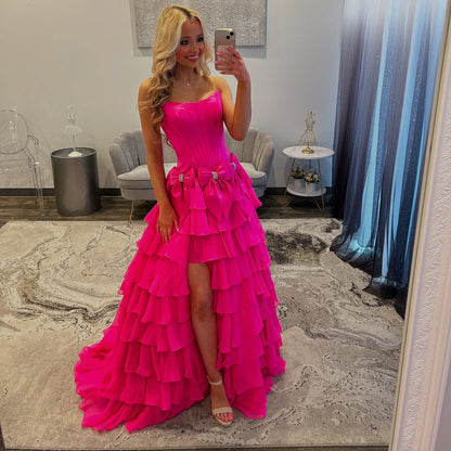 A Line Satin Prom Dresses Long Ruffles Strapless Evening Party Gowns with Slit HE261