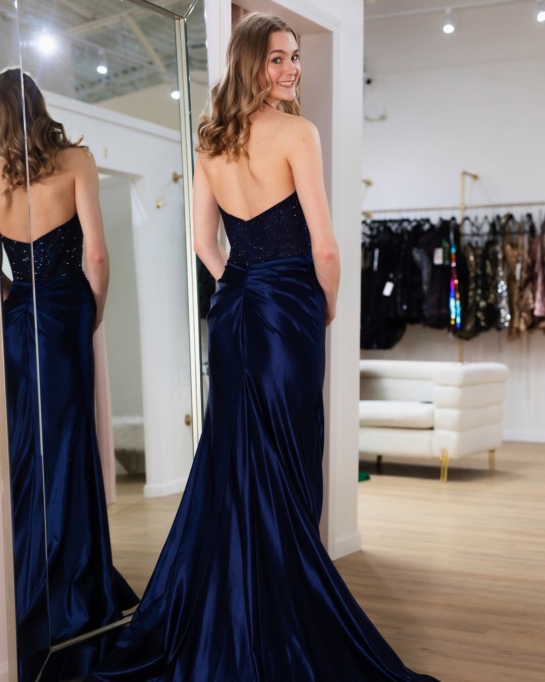 HE272-Sexy Deep V Neck Evening Dresses Long Mermaid Satin Lace Beaded Prom Gowns Side Slit Formal Party Dress for Women