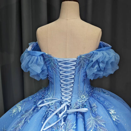 HE280 - Vestidos de quinceañera de princesa con hombros descubiertos, apliques de tul y encaje, para fiesta de cumpleaños, vestido de gala, vestidos de 16 años