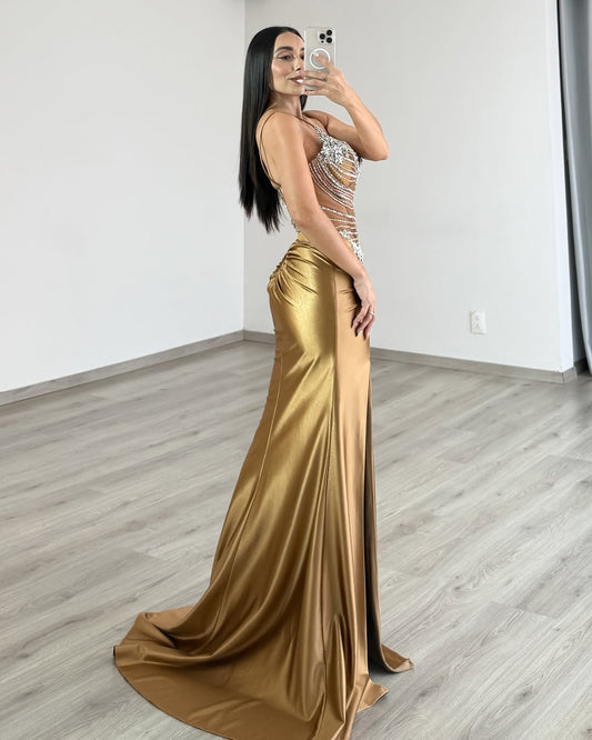 HE361-Gold Satin Beaded Long Prom Dresses for Women Mermaid Sweetheart Evening Gowns Sleeveless Party Dresses with Slit