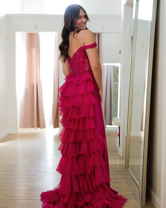 HE190-Women's Off Shoulder Satin Prom Dresses Long Mermaid Ruffles Lace Appliques Evening Gowns Sleeveless Formal Party Dress