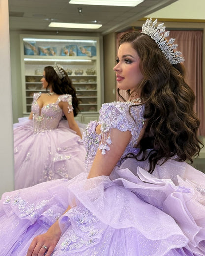 Lilac Sweetheart Quinceanera Dresses Tulle Lace Appliqued Sweet 16 Party Gowns HE233
