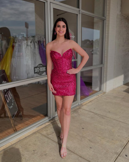 Sweetheart Glittery Sequin Homecoming Dresses Short Sheath Cocktail Gowns HE400