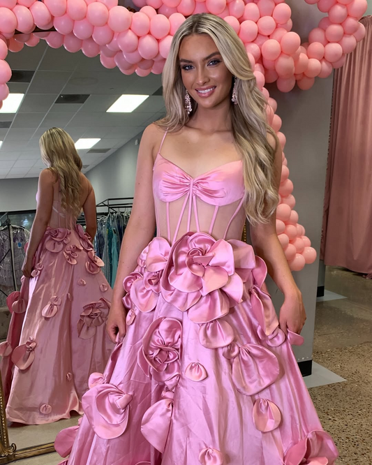 HE369-Sweetheart A Line Prom Dresses Long for Women Satin Corset Party Gowns 3D Flowers Evening Maxi Dresses