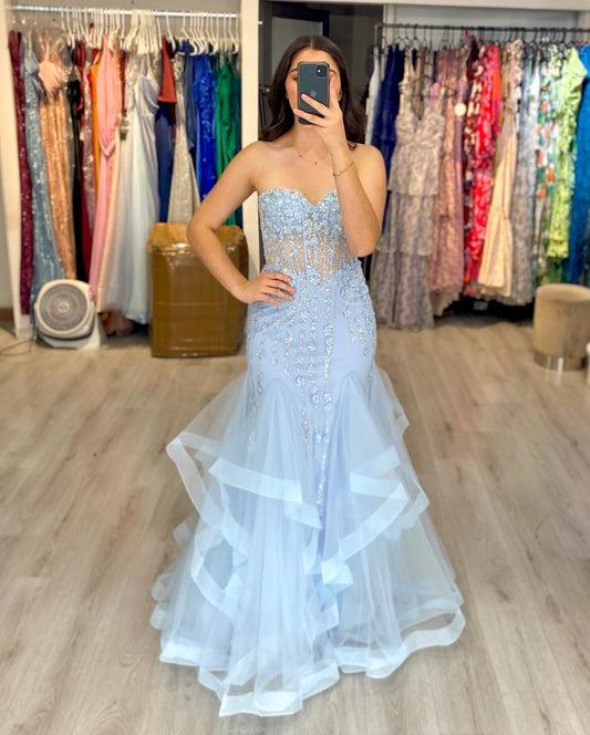 HE259-Mermaid Tulle Lace Beaded Prom Dresses Sweetheart Corset Evening Gowns Strapless Formal Party Dress for Women
