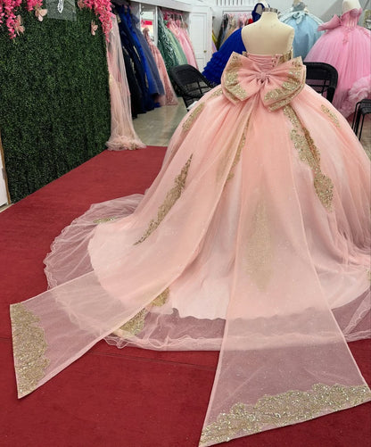 HE329-Off Shoulder Sweet 16 Party Gowns Tulle Lace Beaded Quinceanera Dresses Princess Pink Birthday Prom Gowns with Bow