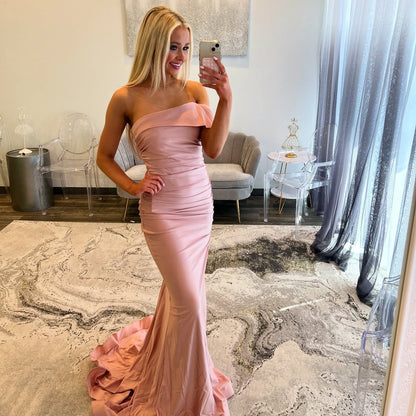 HE256-Women's Mermaid Satin Prom Dresses Long Off Shoulder Formal Gowns Strapless Plus Size Evening Party Dresses