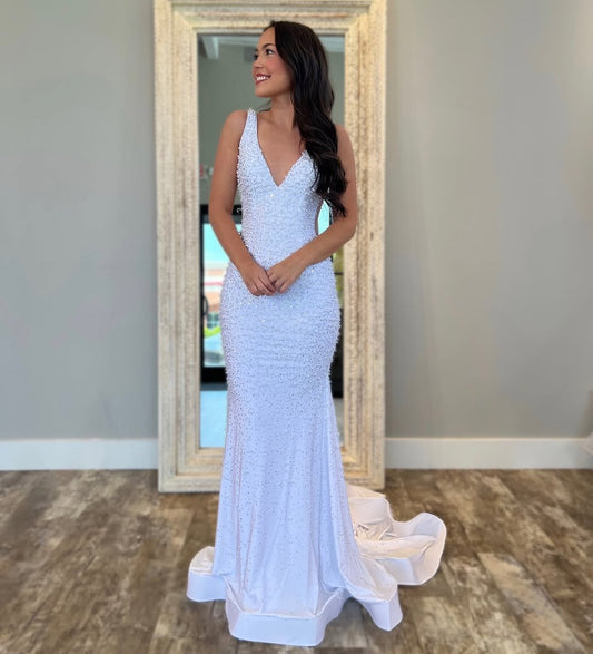 HE269-Glittery Sequins V Neck Prom Dresses Long for Women Mermaid Plus Size Evening Gowns Satin Beaded Party Dresses