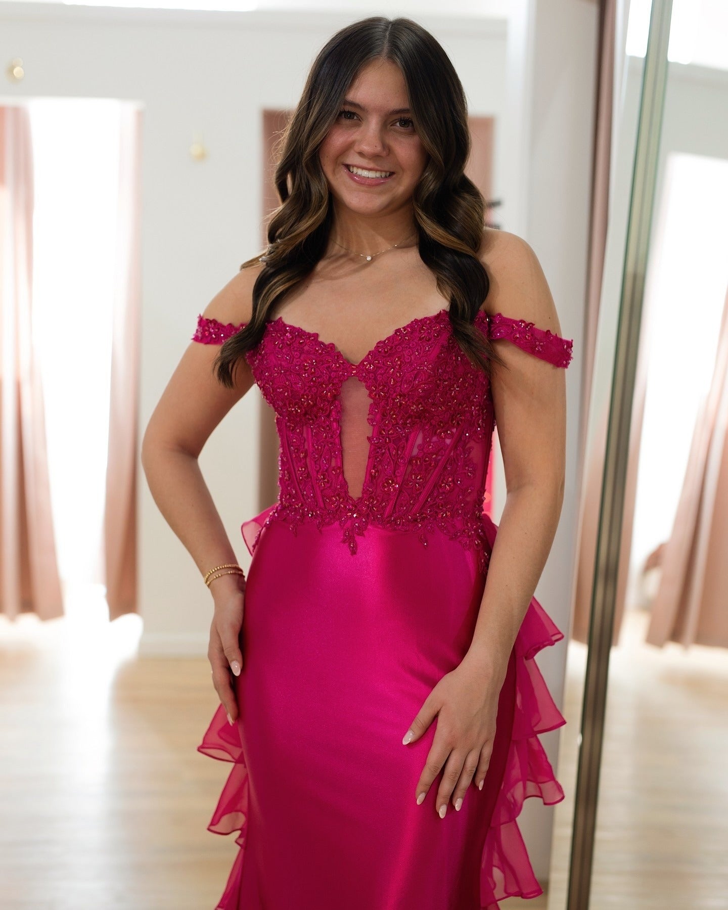 HE190-Women's Off Shoulder Satin Prom Dresses Long Mermaid Ruffles Lace Appliques Evening Gowns Sleeveless Formal Party Dress