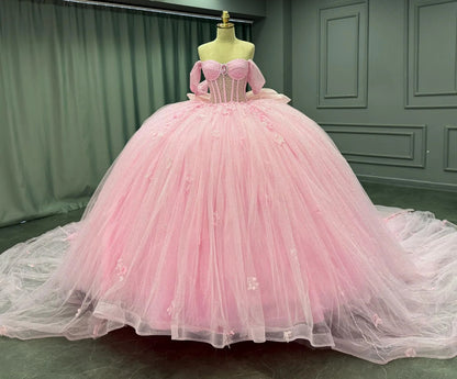 Princess Quinceanera Dresses Tulle Appliques Pink Sweet 16 Party Dress HE425
