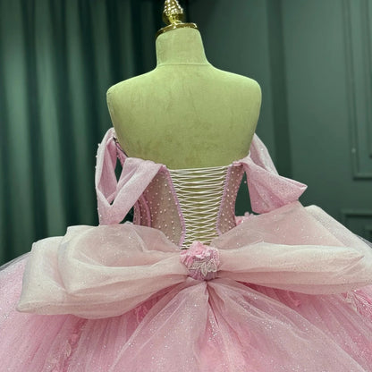 Princess Quinceanera Dresses Tulle Appliques Pink Sweet 16 Party Dress HE425